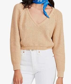 Free People High Low V-Neck Cropped Sweater Cream Size S